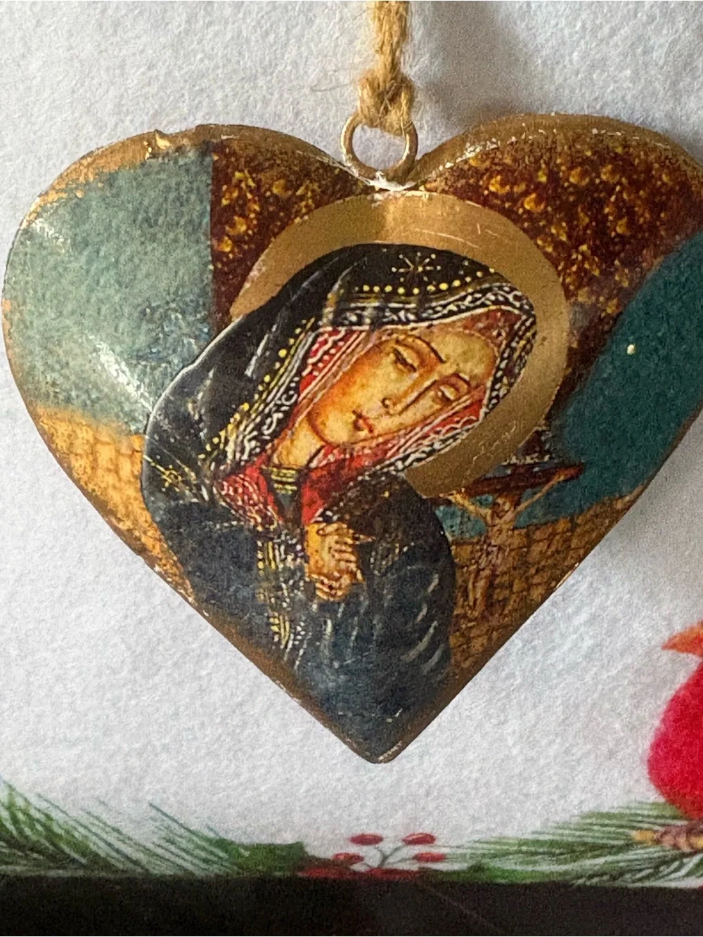 Handcrafted Teal and Gold Heart Holiday Ornament - Religious Icon Design